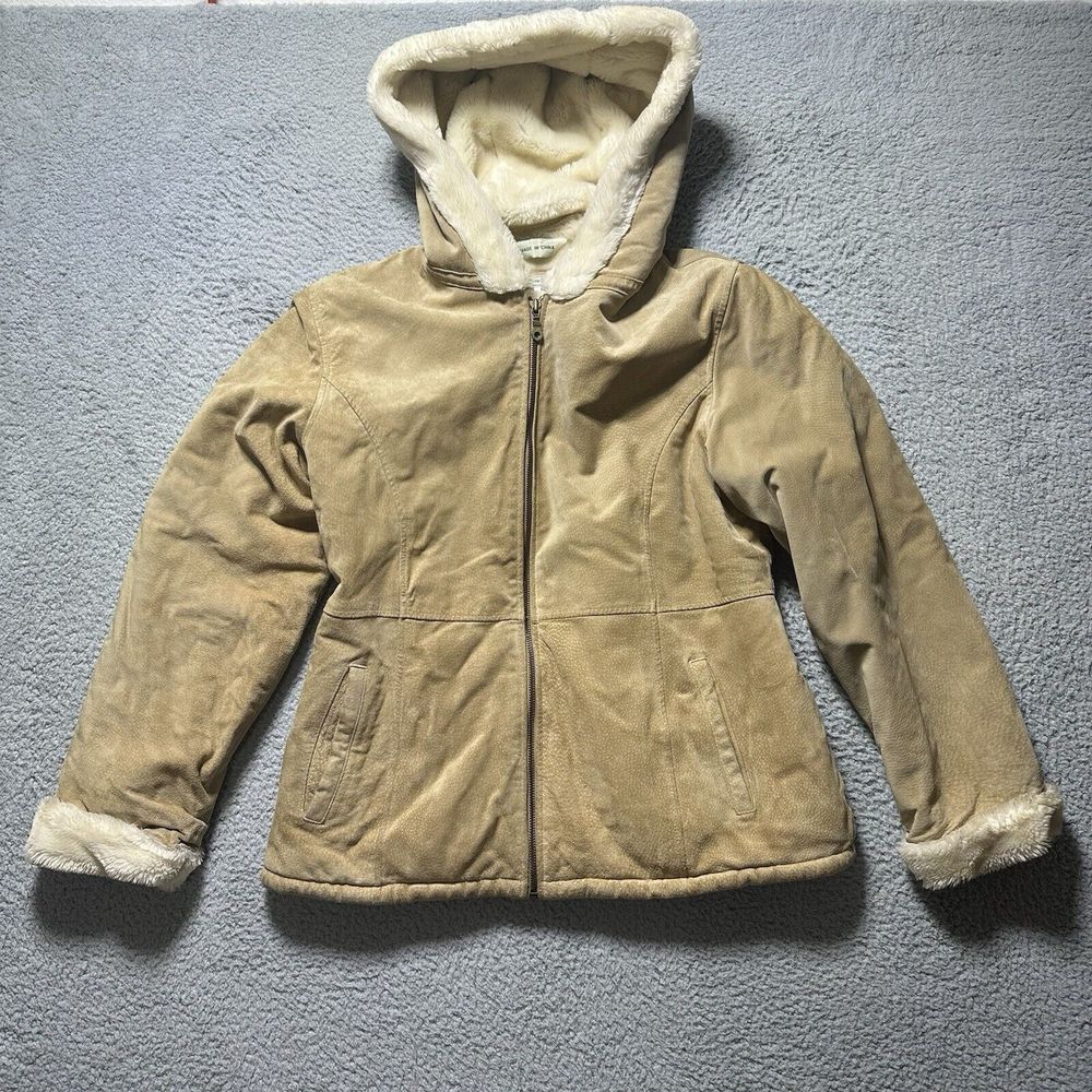 Stephanie Andrews Sherpa Lined Hooded Leather Bomber Jacket Y2K Size‎ Medium